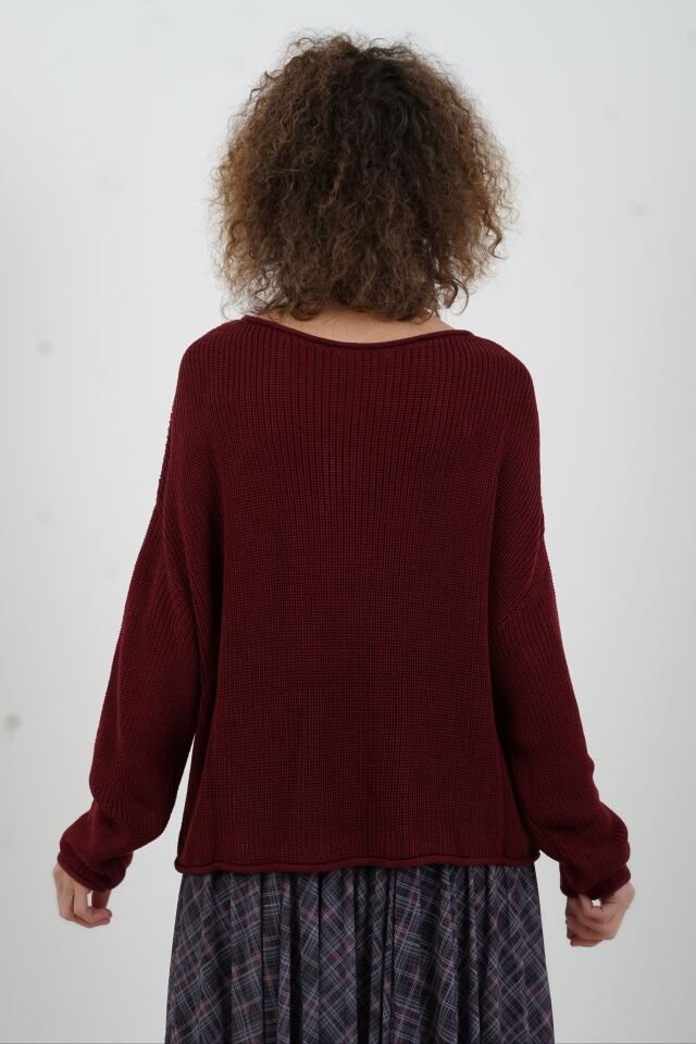 Bordo Kayık Yaka Basic Triko Kazak