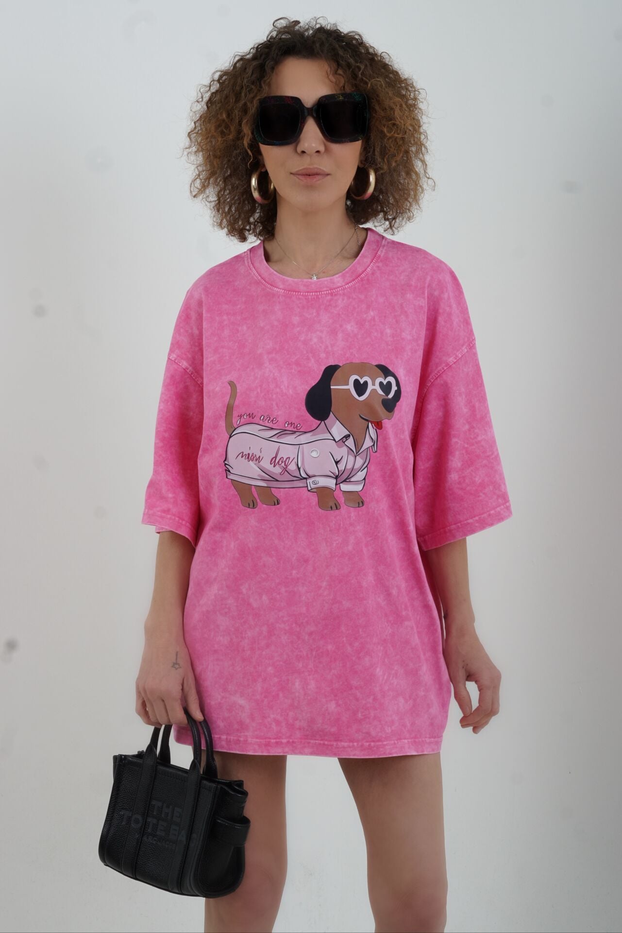 Pembe Mini Dog Baskılı Soluk Efektli Oversize Tshirt