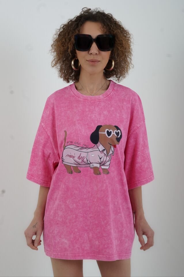 Pembe Mini Dog Baskılı Soluk Efektli Oversize Tshirt