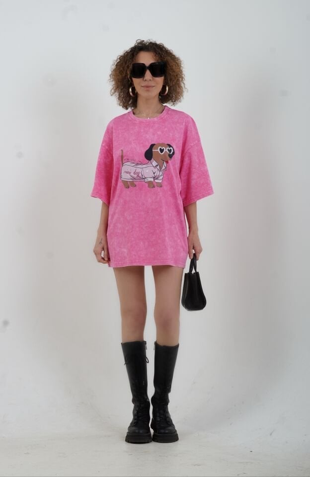 Pembe Mini Dog Baskılı Soluk Efektli Oversize Tshirt