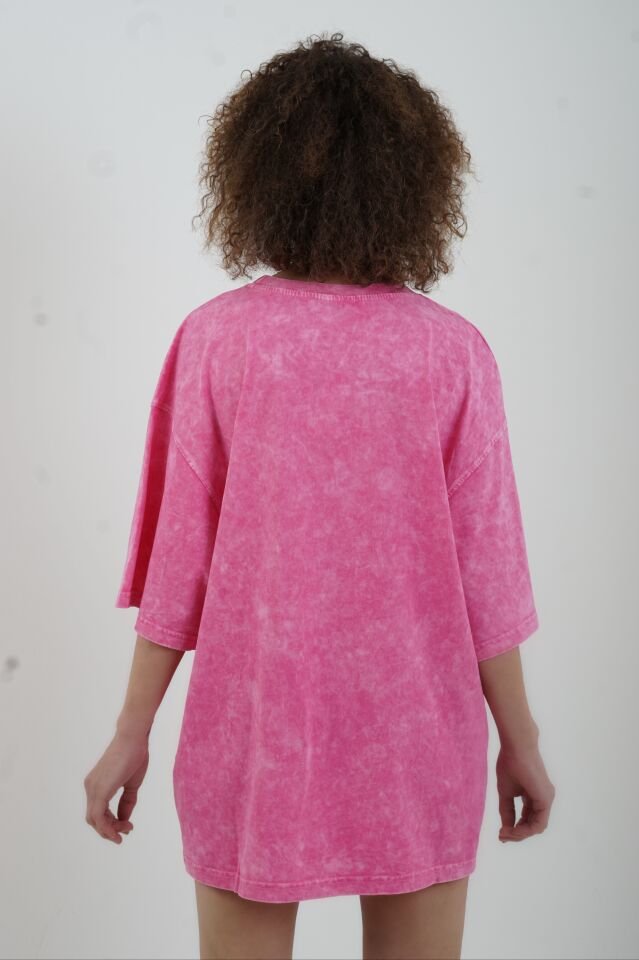 Pembe Wifi Baskılı Soluk Efektli Oversize Tshirt