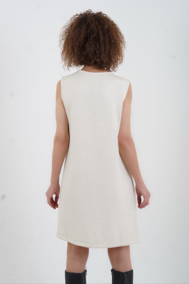 Ekru Fiyonk Detaylı Triko Görünümlü Örme Elbise