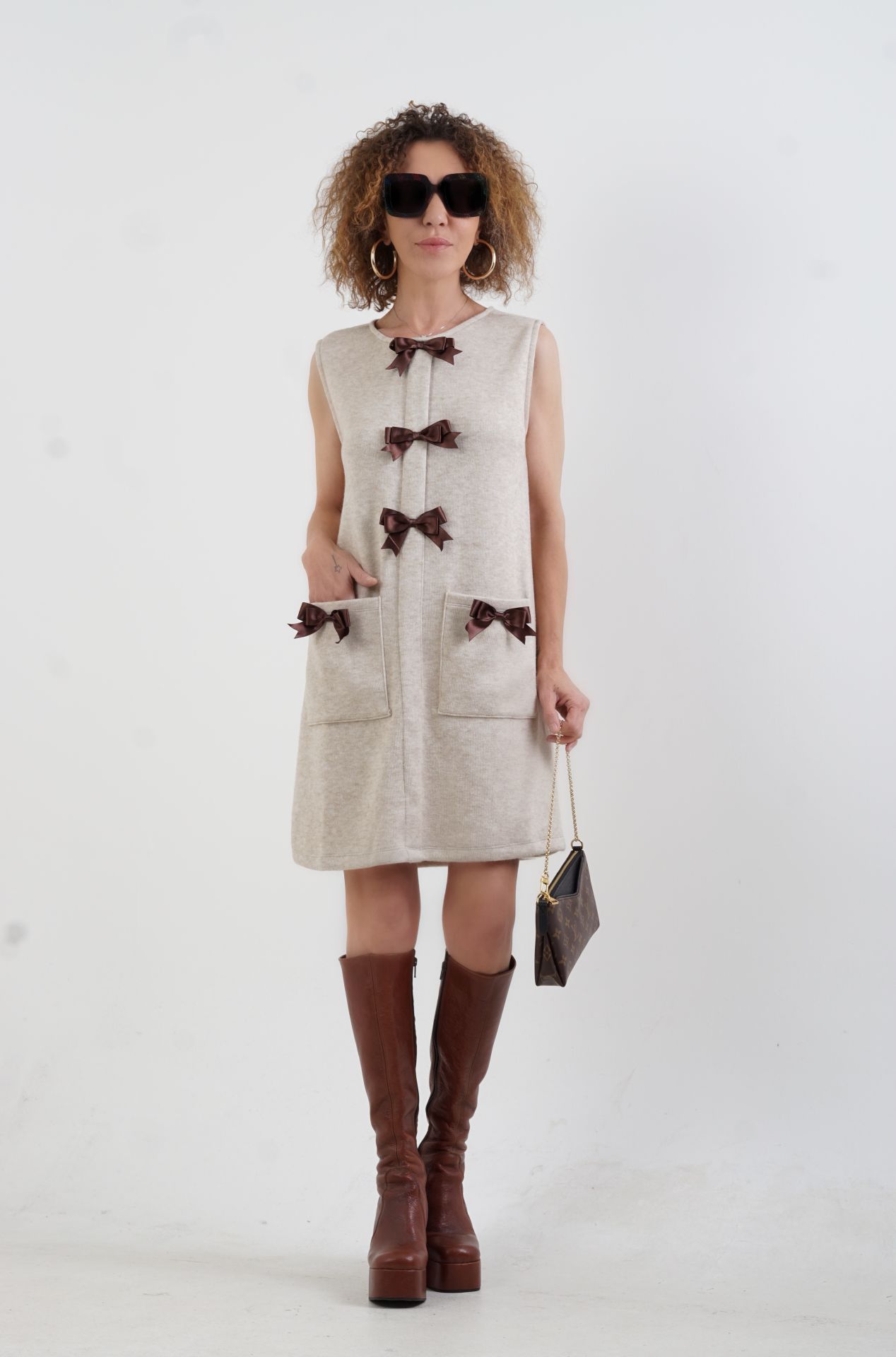 Bej Fiyonk Detaylı Triko Görünümlü Örme Elbise