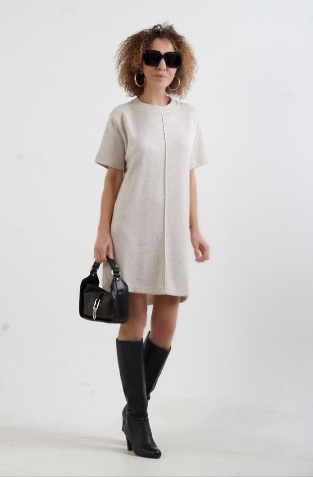 Bej Simli Triko Görünümlü Örme Elbise