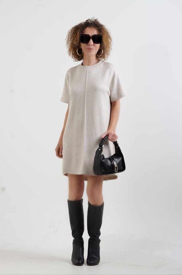 Bej Simli Triko Görünümlü Örme Elbise