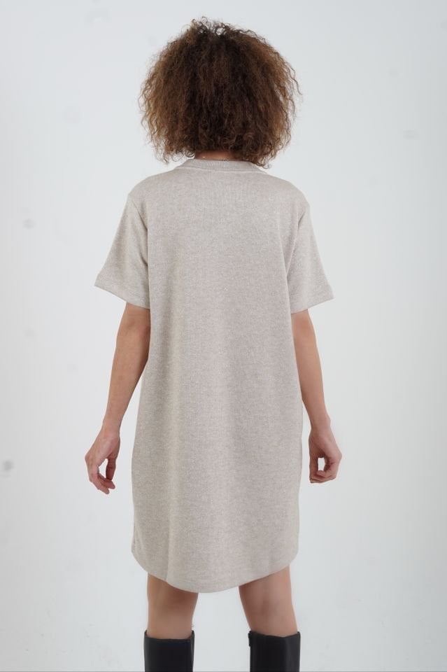 Bej Simli Triko Görünümlü Örme Elbise