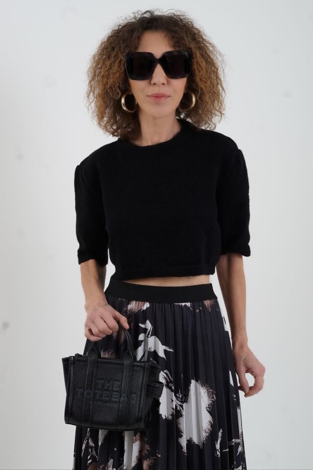 Siyah Soyut Desenli Pliseli Etek