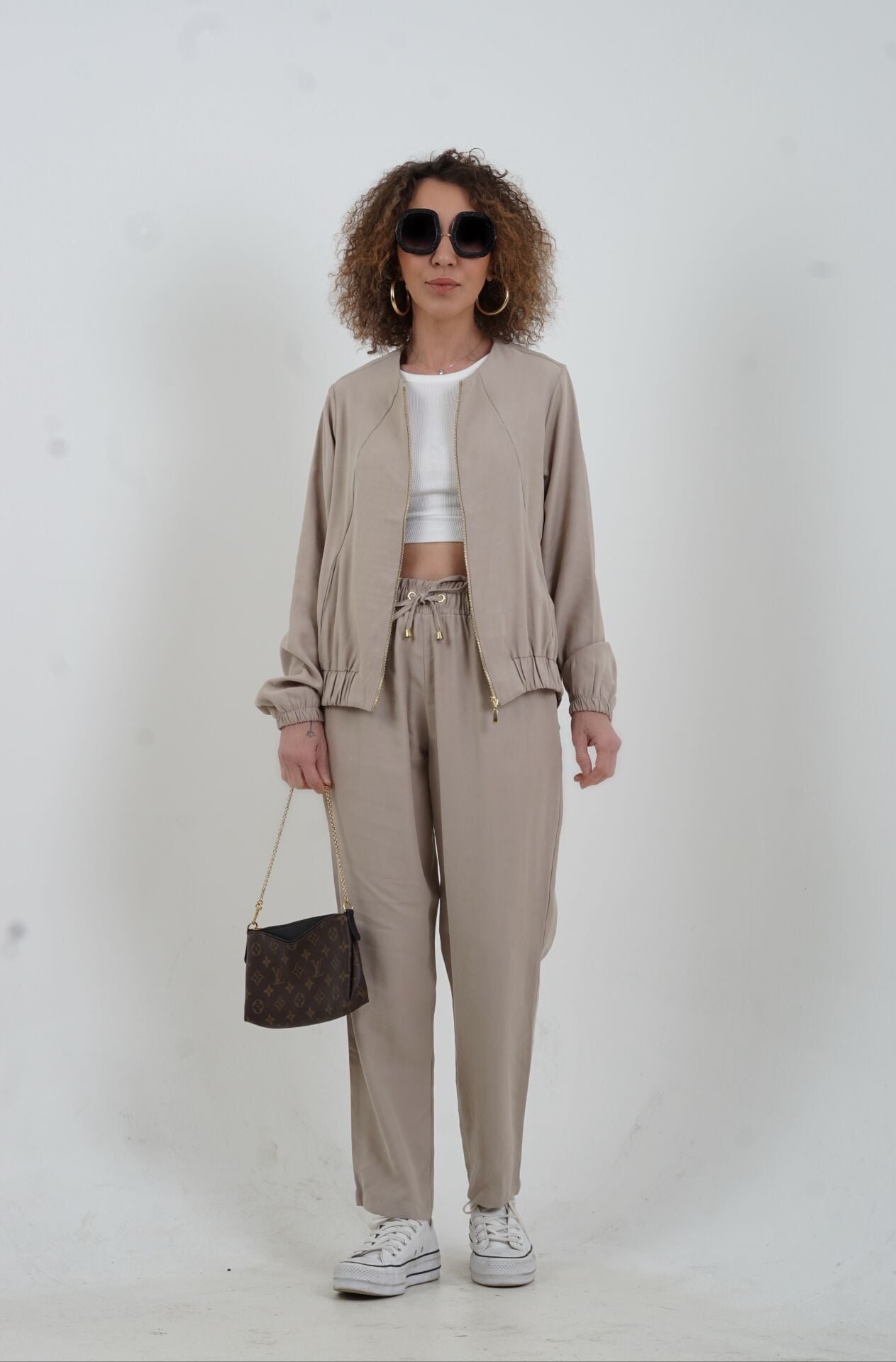 Bej Tensel Fermuarlı Ceket Pantolon Takım