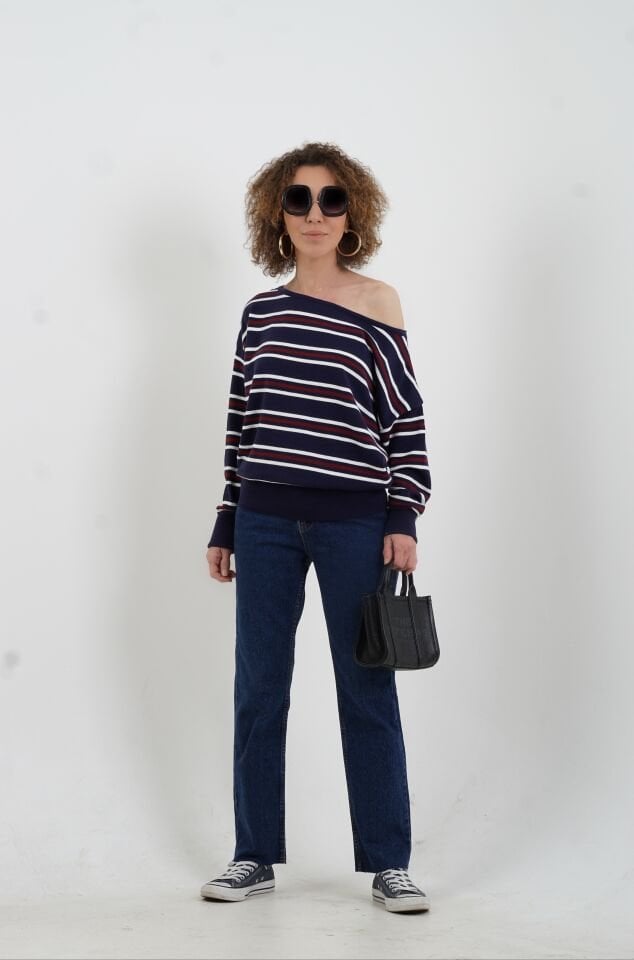 Lacivert Çizgili Tek Omuz Düşük  Kazak