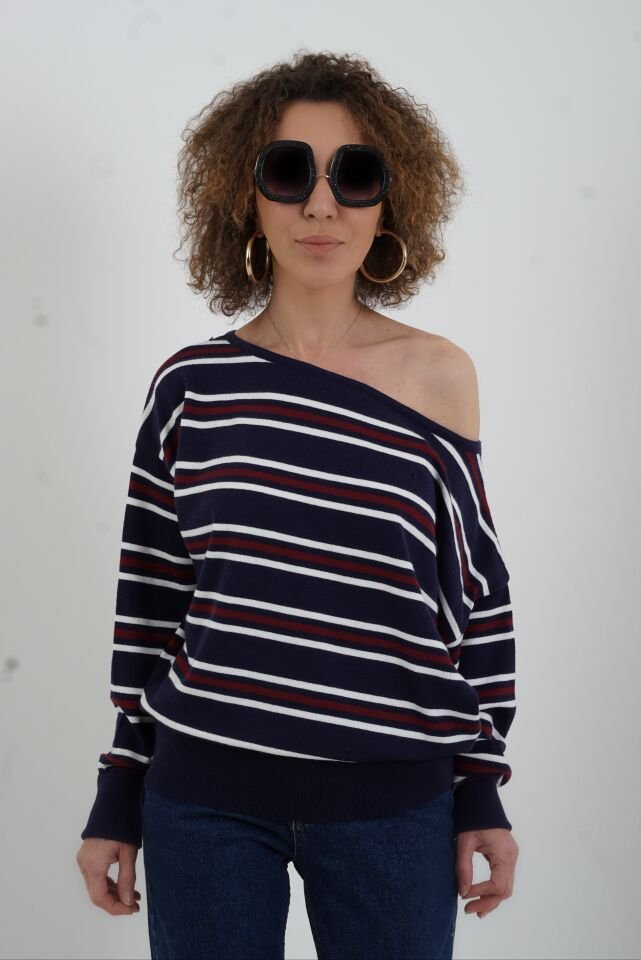 Lacivert Çizgili Tek Omuz Düşük  Kazak