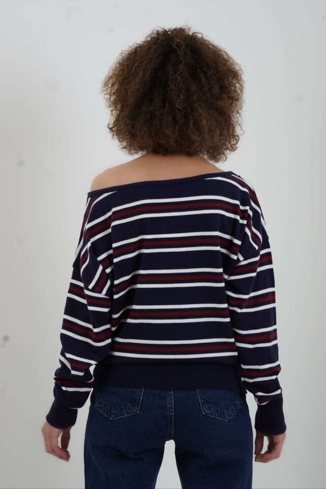 Lacivert Çizgili Tek Omuz Düşük  Kazak