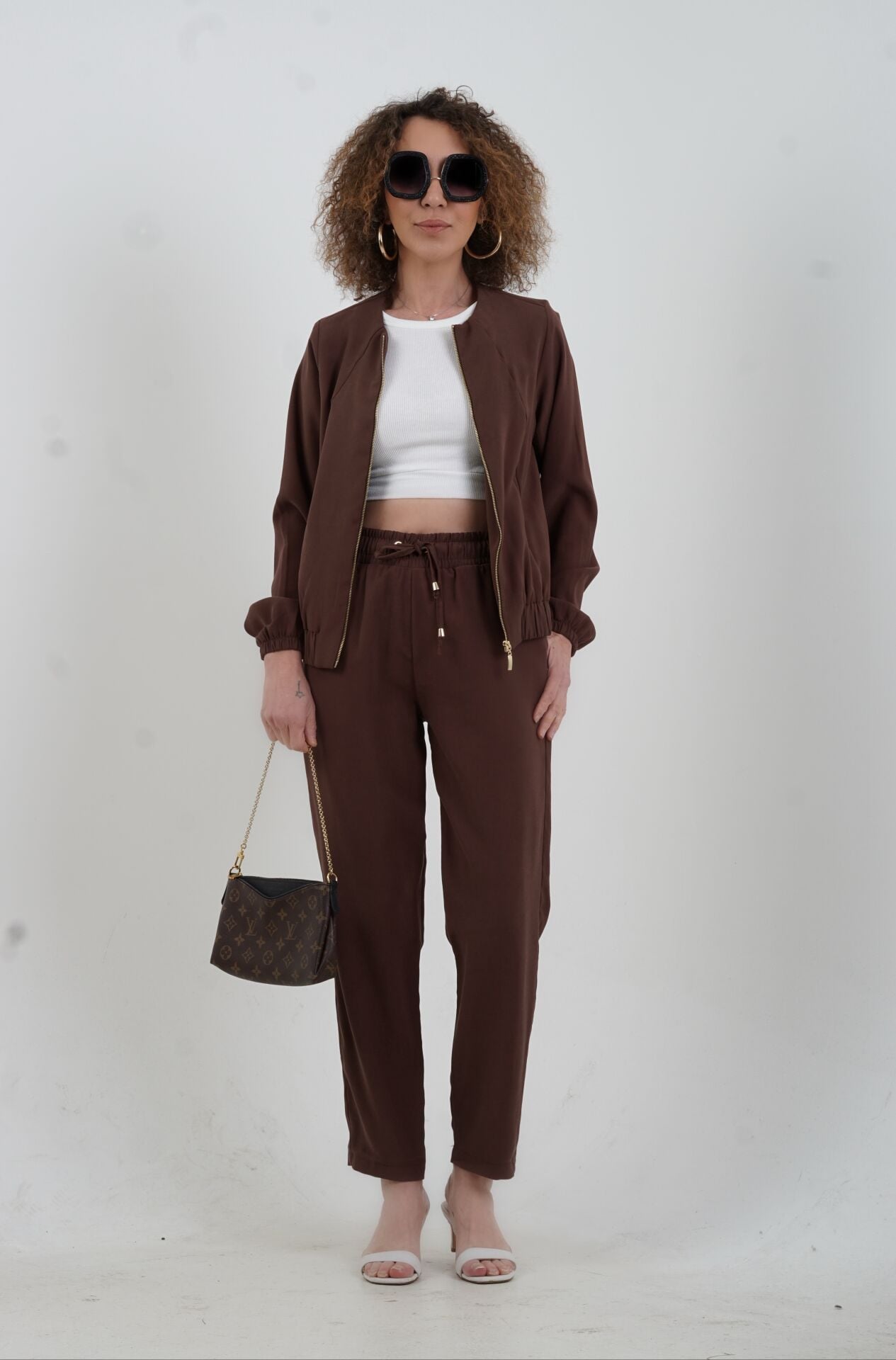 Kahve Tensel Fermuarlı Ceket Pantolon Takım