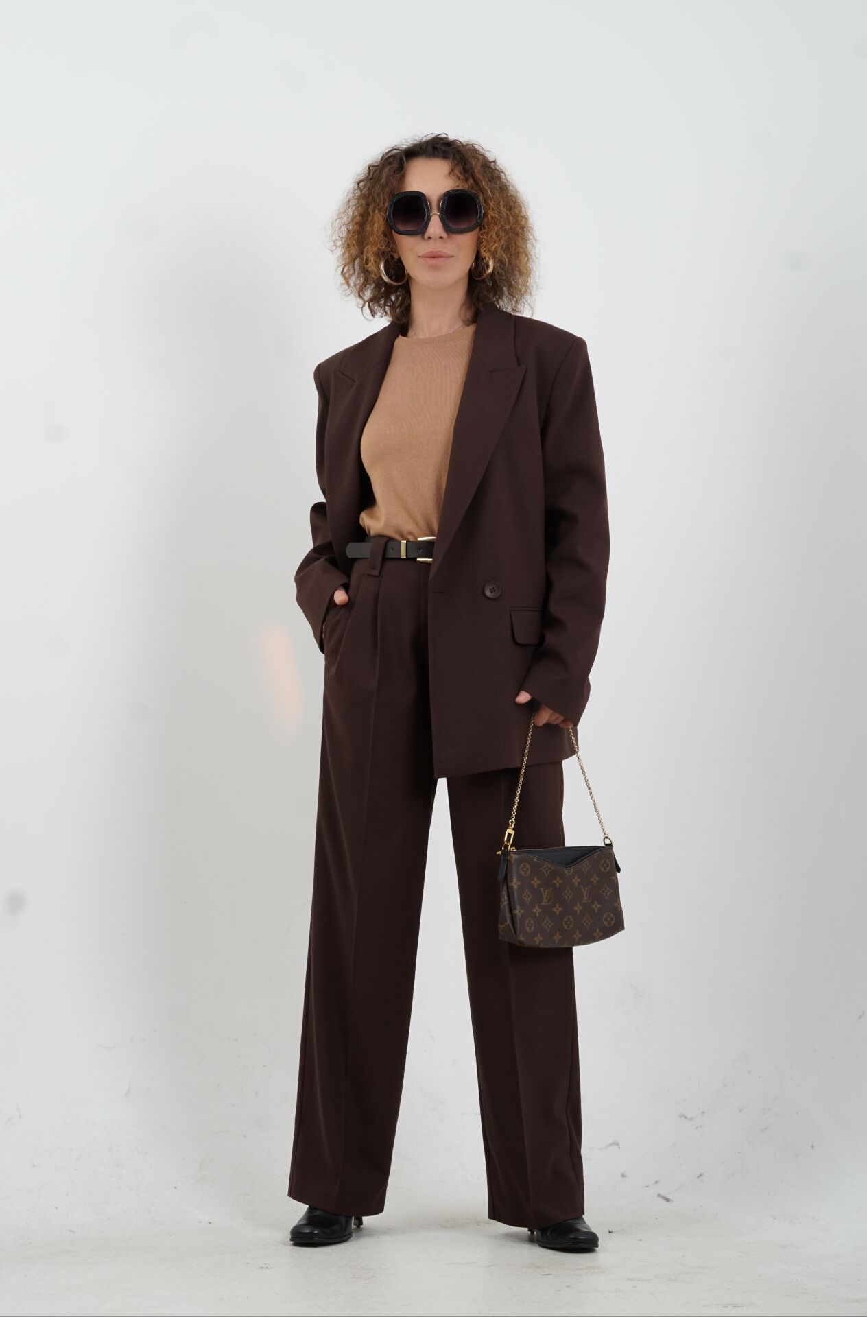 Kahve Kemerli Cep Kapaklı Yüksek Bel Pantolon