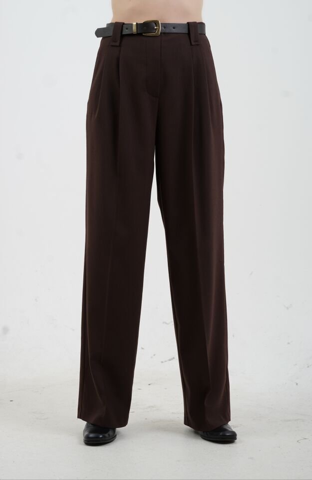 Kahve Kemerli Cep Kapaklı Yüksek Bel Pantolon