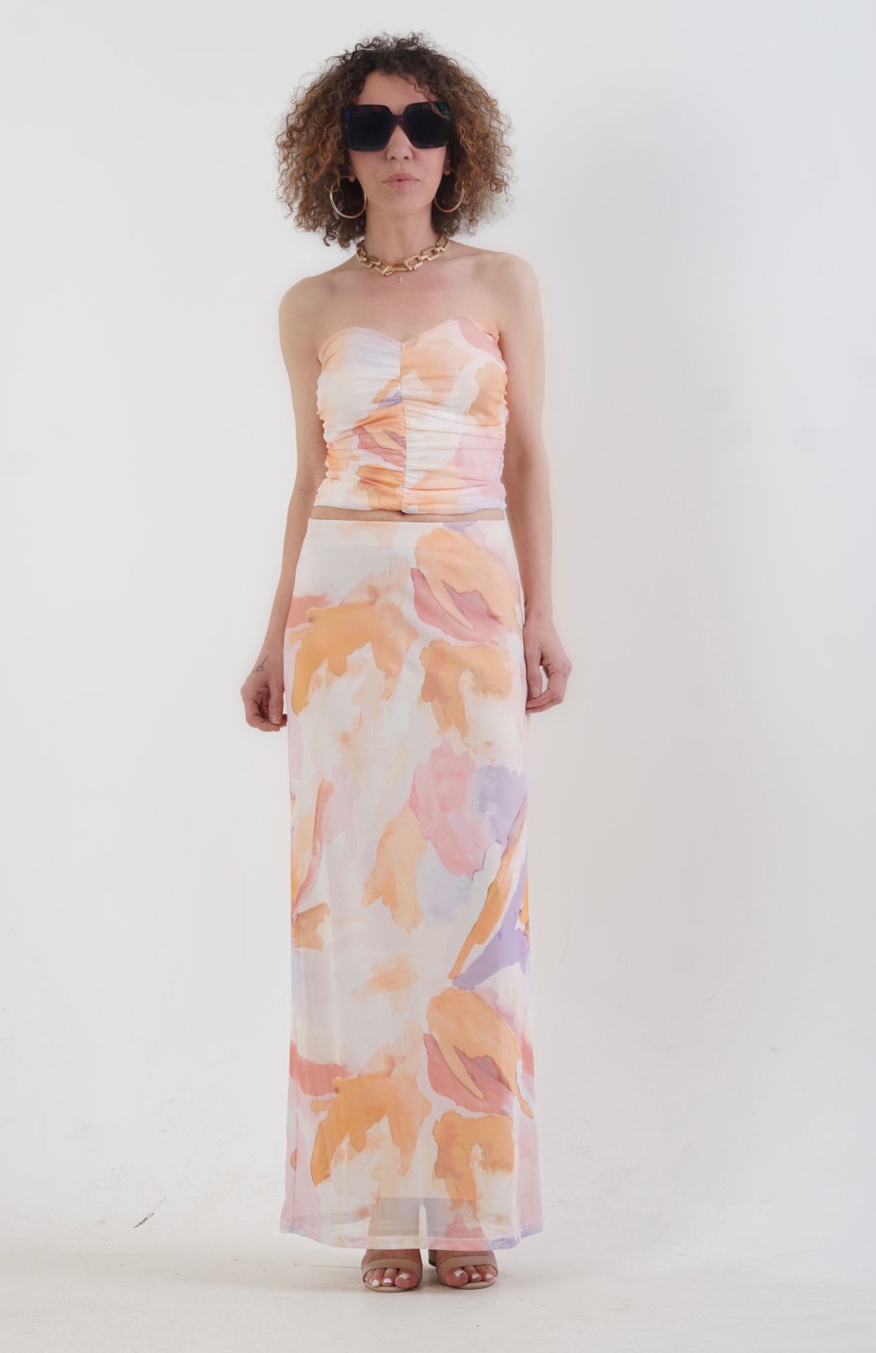 Pastel Desenli Maxi Tül  Etek