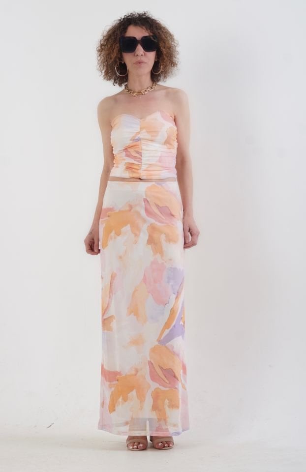Pastel Desenli Maxi Tül  Etek