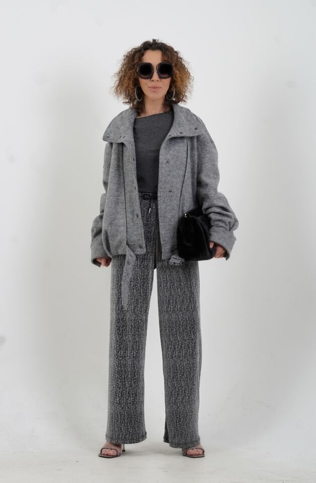 Gri Melanj Arkası Pileli Bomber Ceket