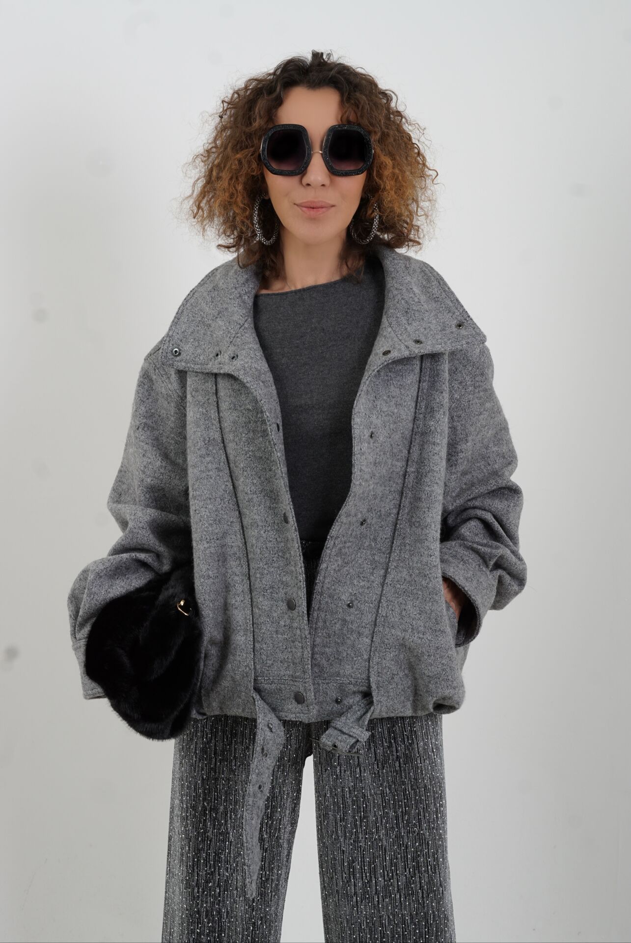 Gri Melanj Arkası Pileli Bomber Ceket