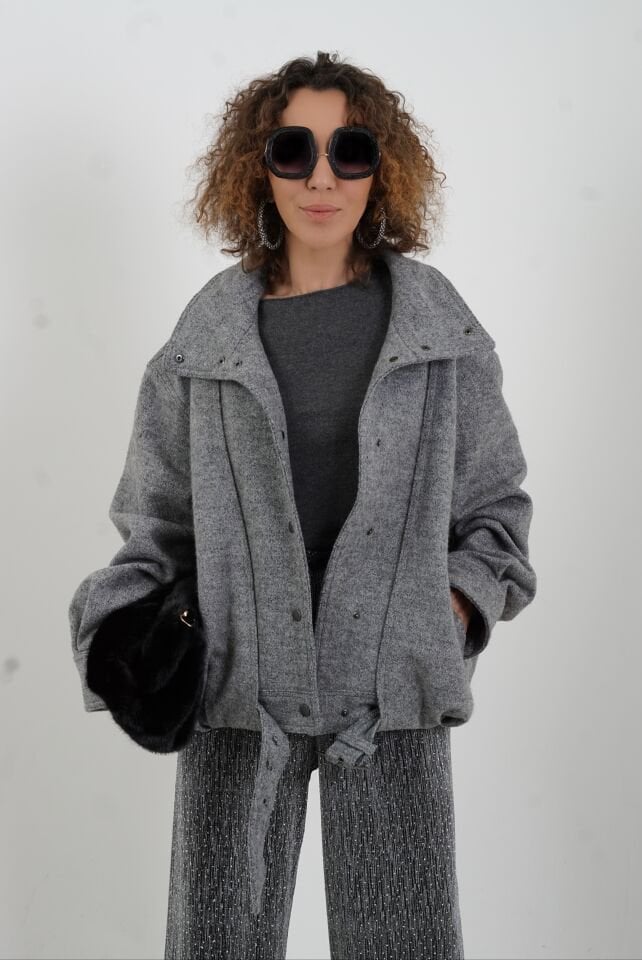 Gri Melanj Arkası Pileli Bomber Ceket