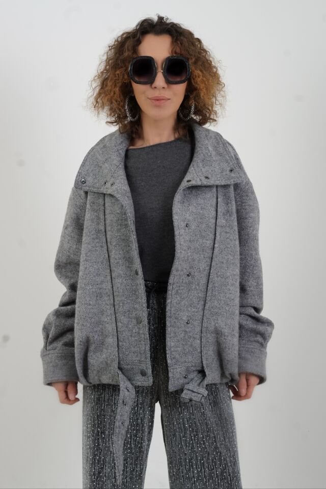 Gri Melanj Arkası Pileli Bomber Ceket