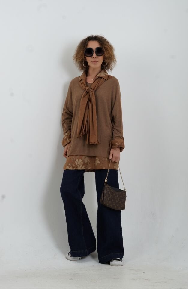 Camel Fular Gömlek Triko Üçlü Takım