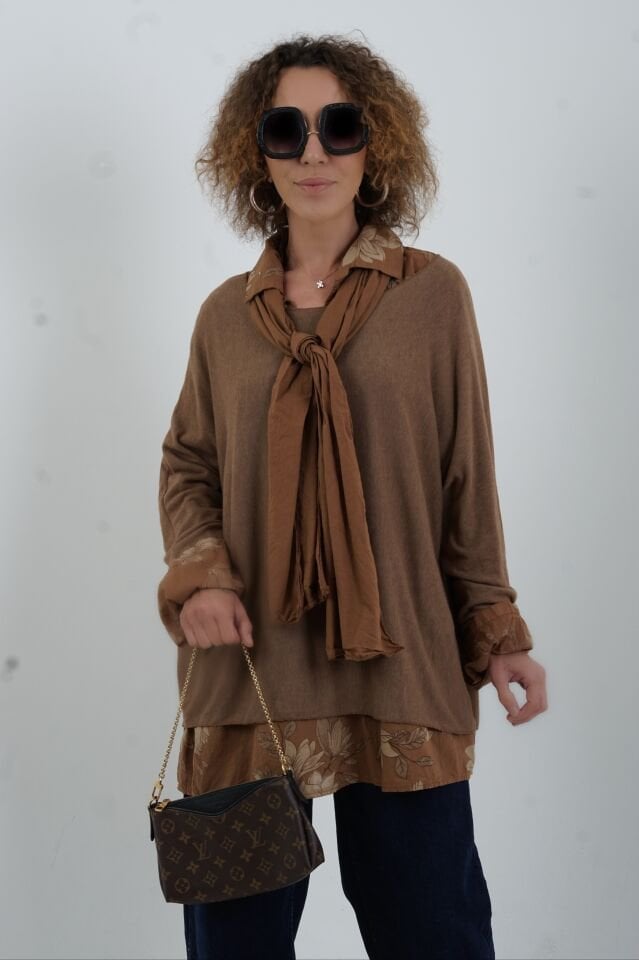 Camel Fular Gömlek Triko Üçlü Takım