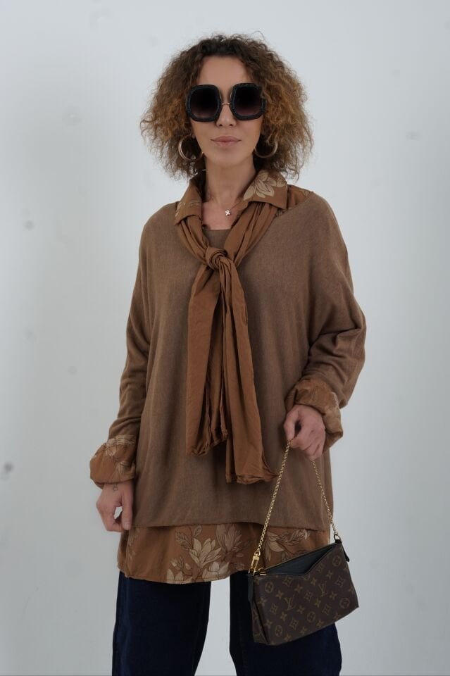 Camel Fular Gömlek Triko Üçlü Takım