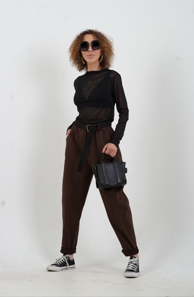 Kahve Kemerli Likralı Pantolon