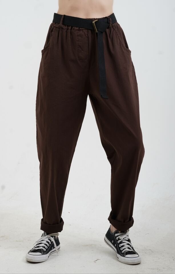 Kahve Kemerli Likralı Pantolon