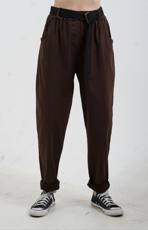 Kahve Kemerli Likralı Pantolon