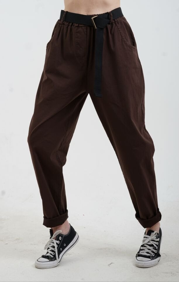 Kahve Kemerli Likralı Pantolon