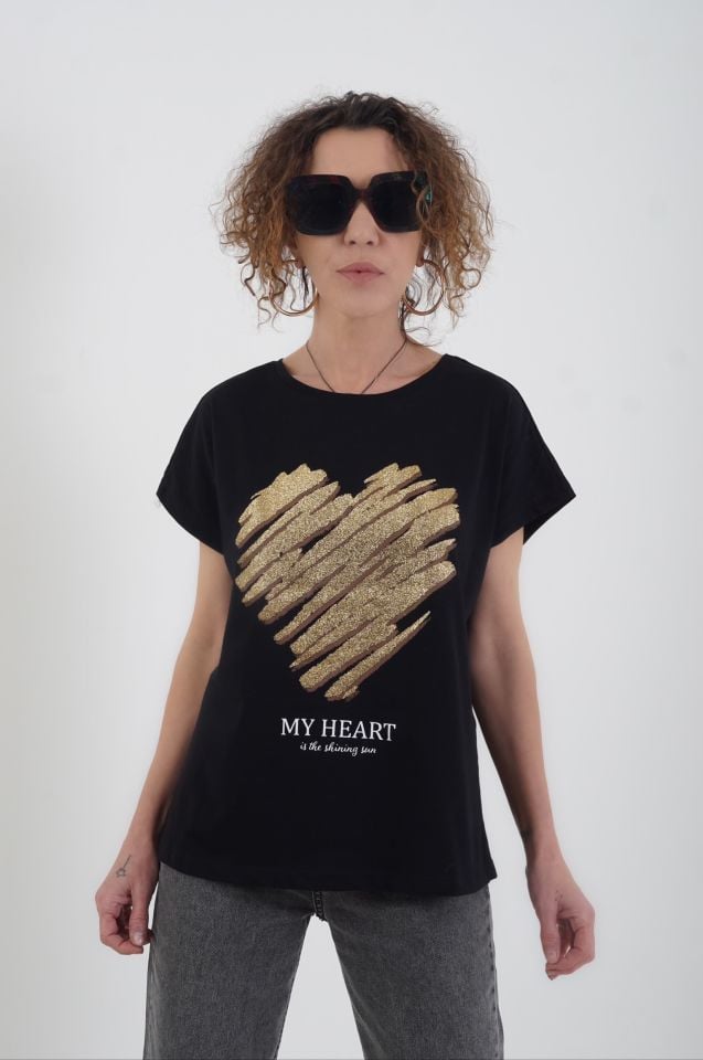 Siyah Gold Kalp Baskılı Tshirt