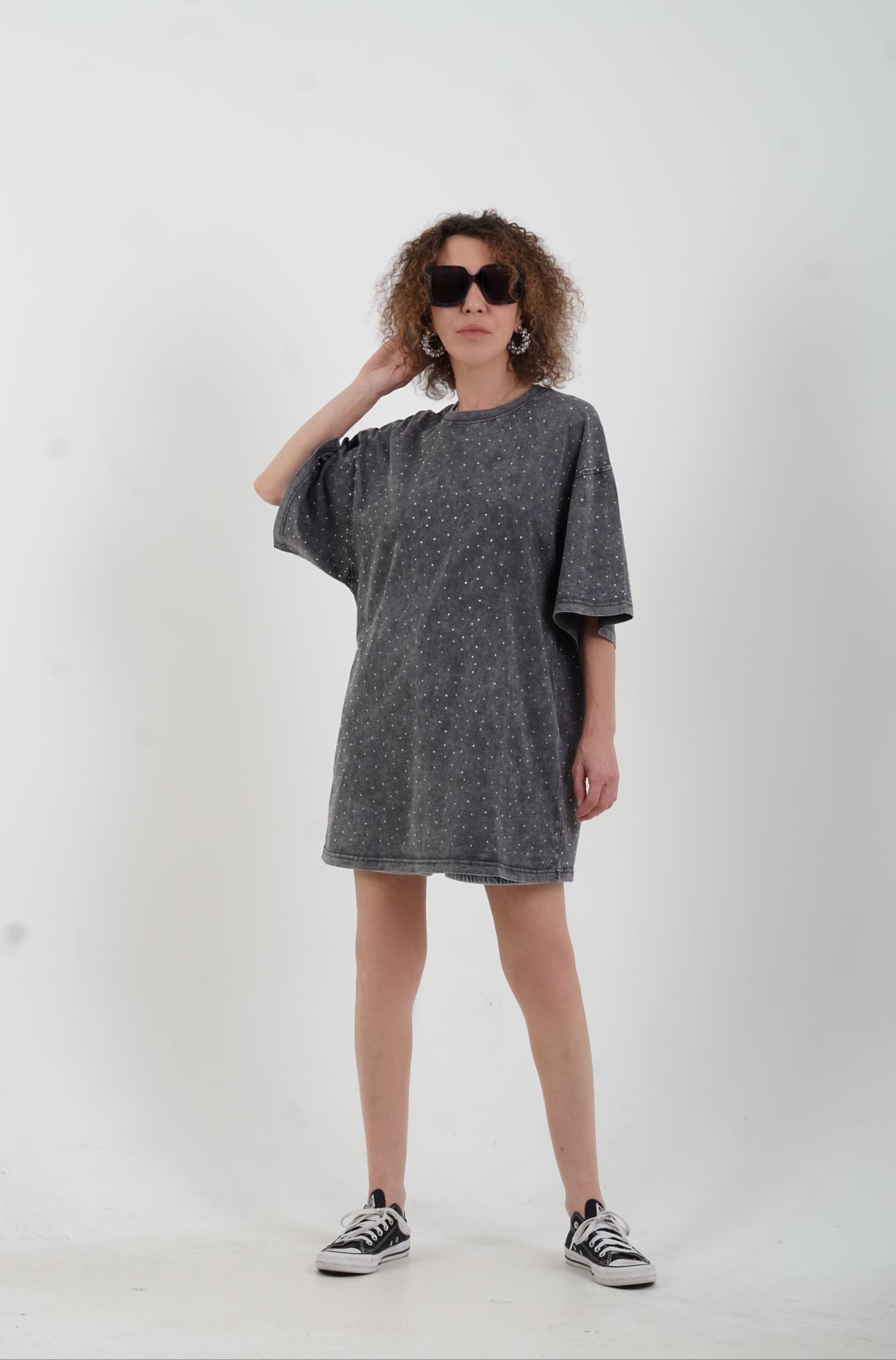 Antrasit Taşlı Soluk Efektli Oversize Tshirt