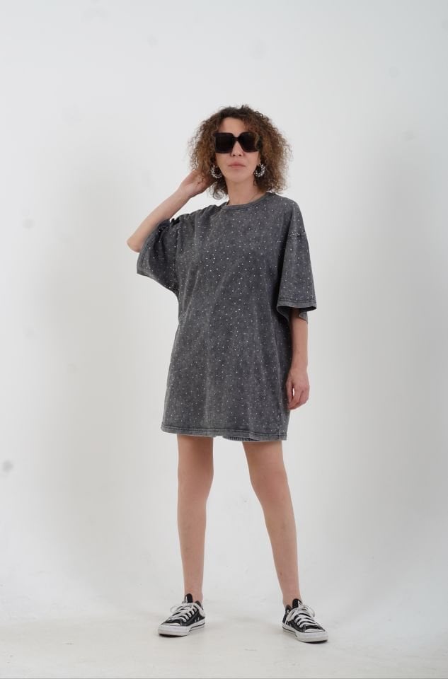 Antrasit Taşlı Soluk Efektli Oversize Tshirt