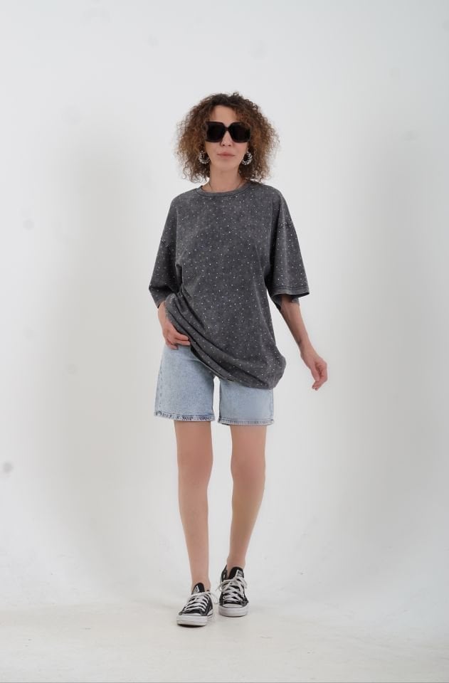 Antrasit Taşlı Soluk Efektli Oversize Tshirt