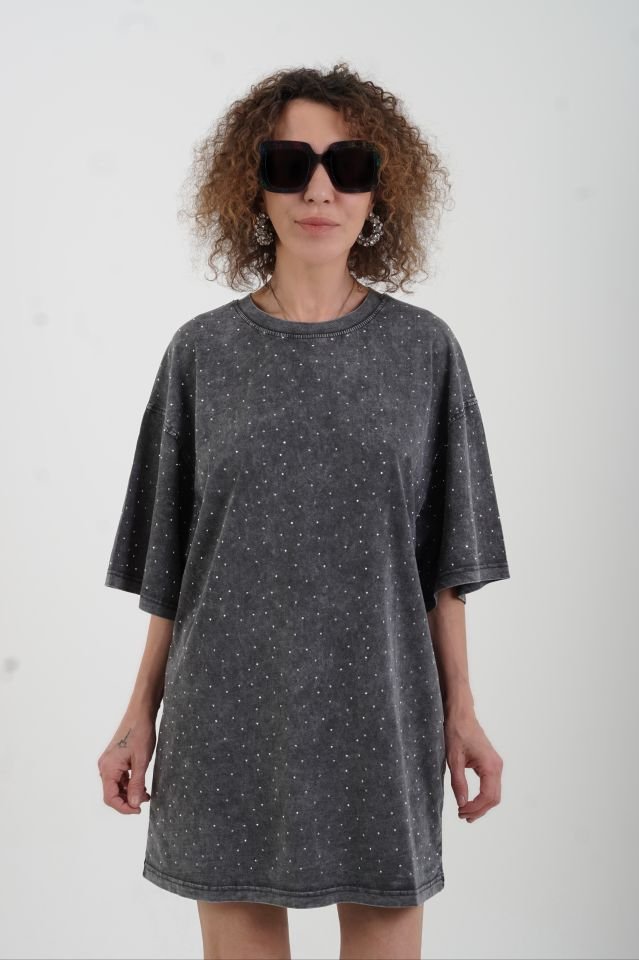 Antrasit Taşlı Soluk Efektli Oversize Tshirt