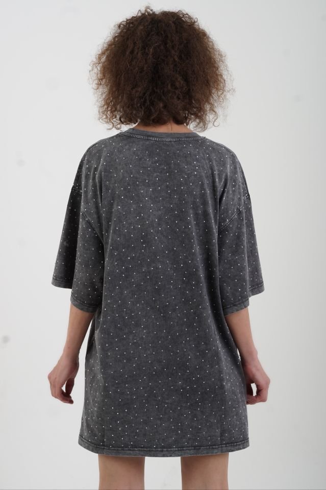 Antrasit Taşlı Soluk Efektli Oversize Tshirt