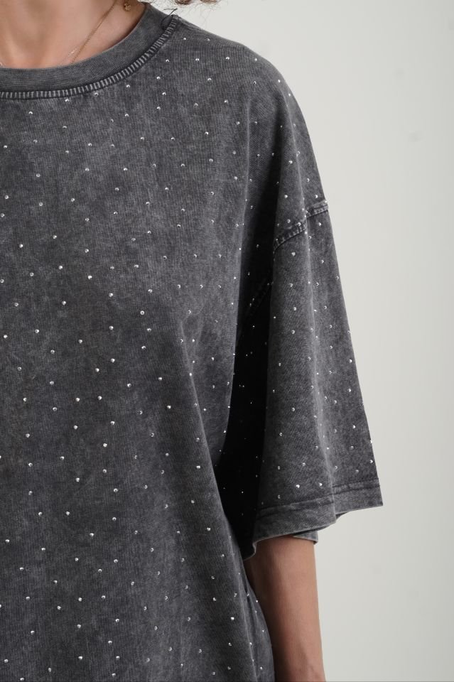Antrasit Taşlı Soluk Efektli Oversize Tshirt