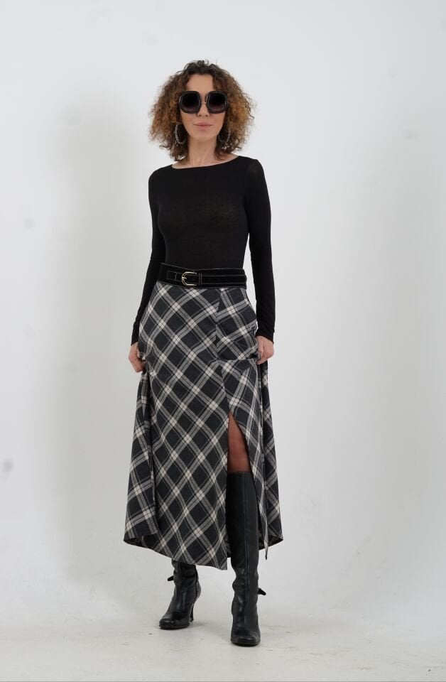 Füme Kemerli Yırtmaçlı Ekose Etek