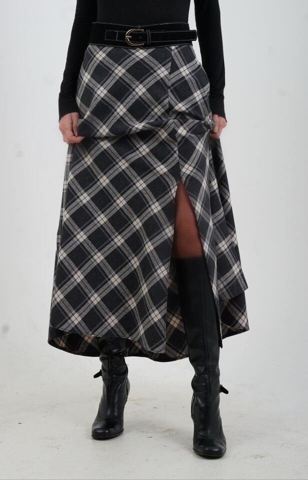 Füme Kemerli Yırtmaçlı Ekose Etek