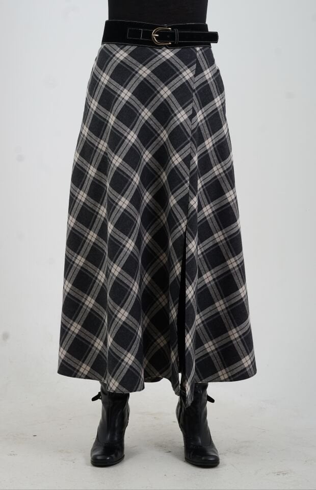 Füme Kemerli Yırtmaçlı Ekose Etek