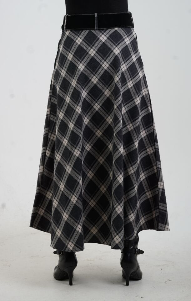 Füme Kemerli Yırtmaçlı Ekose Etek