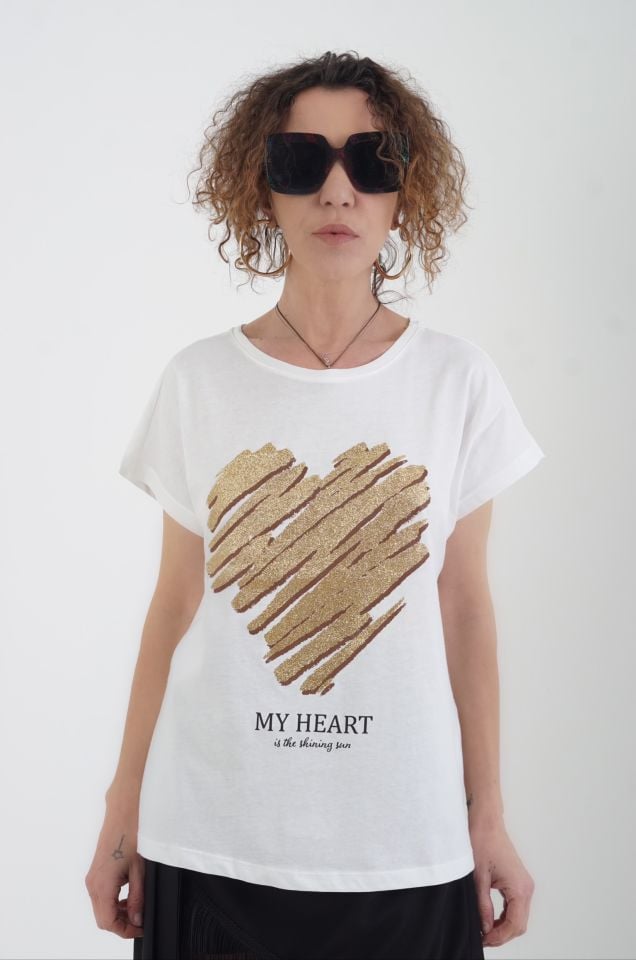 Ekru Gold Kalp Baskılı Tshirt