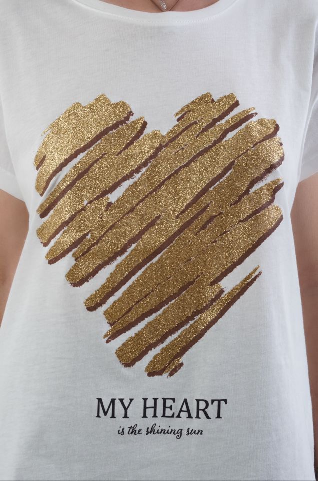 Ekru Gold Kalp Baskılı Tshirt