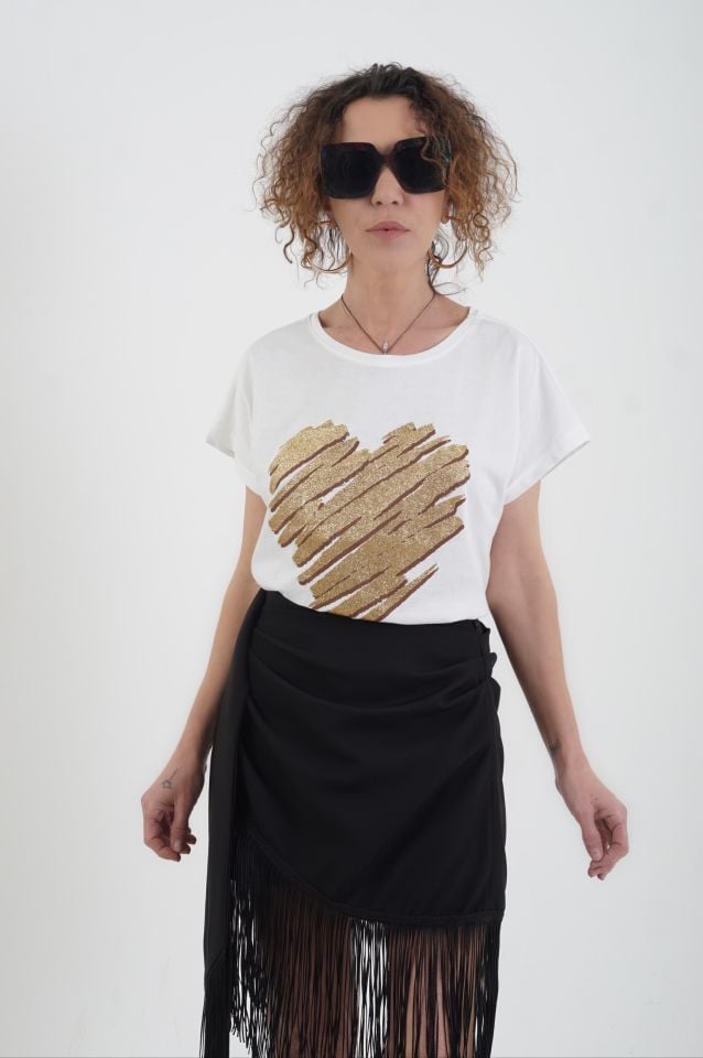 Ekru Gold Kalp Baskılı Tshirt