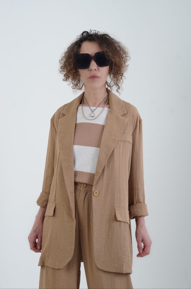 Camel Keten Karışımlı Astarsız Blazer Ceket