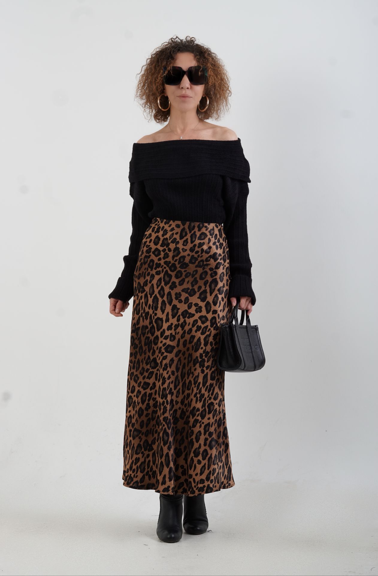 Kahve Leopar Desen Saten Verev Etek