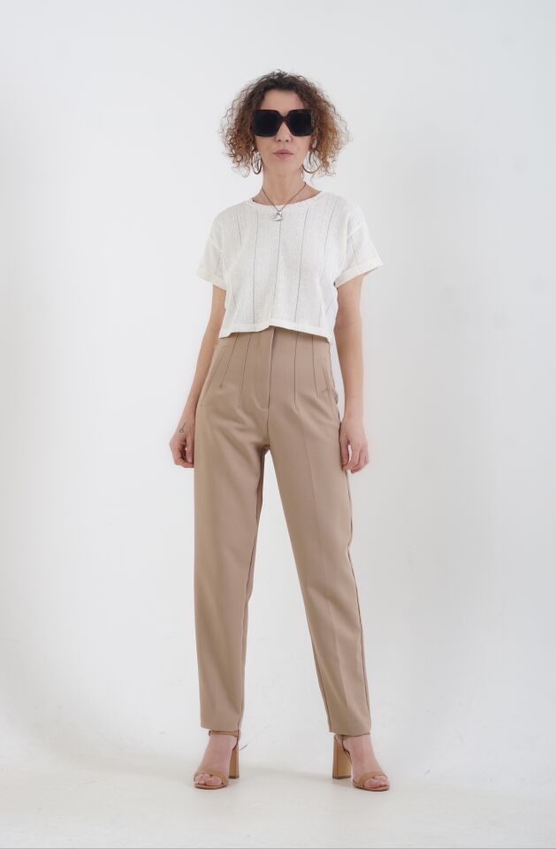 Krem Ajur Desenli Crop Bluz