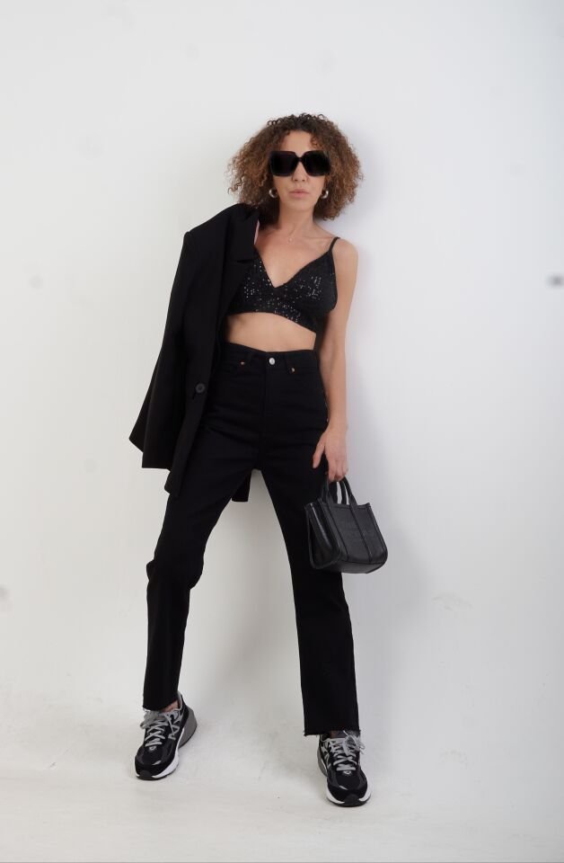 Siyah Pul Payetli Pedli Büstiyer