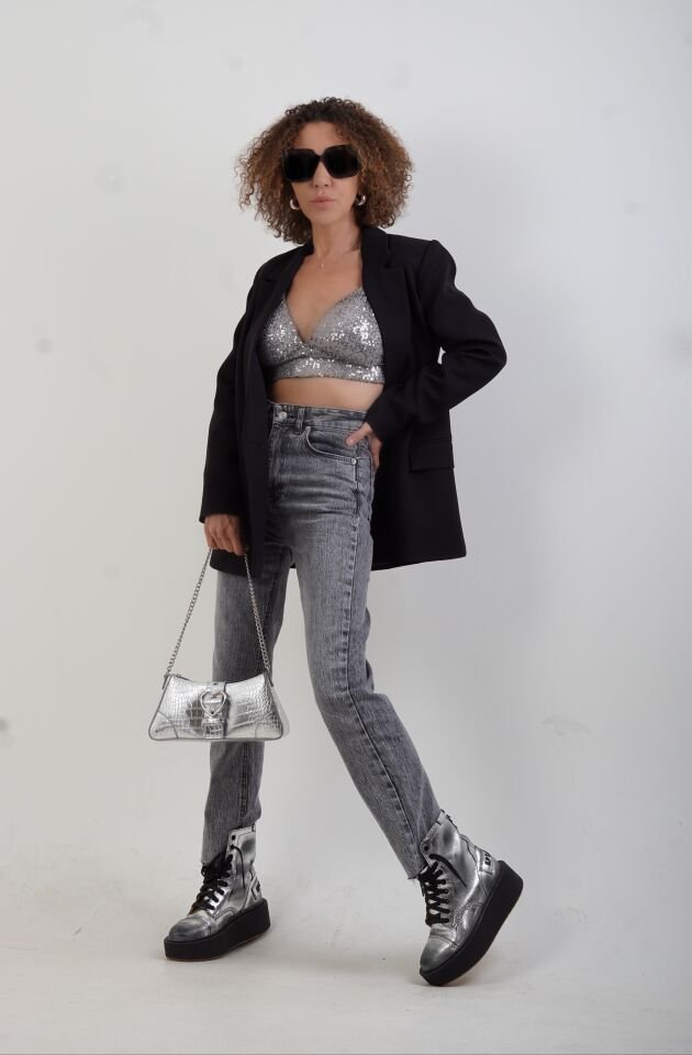 Gri Pul Payetli Pedli Büstiyer